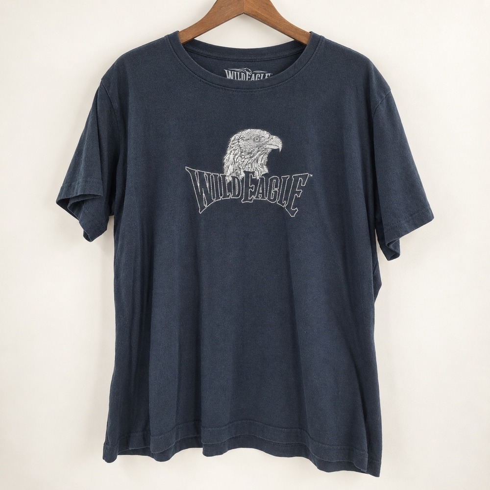 Wild Eagle Y2K Biker Graphic Tee Women XL Rocker Eagle Rhinestone Black T-Shirt